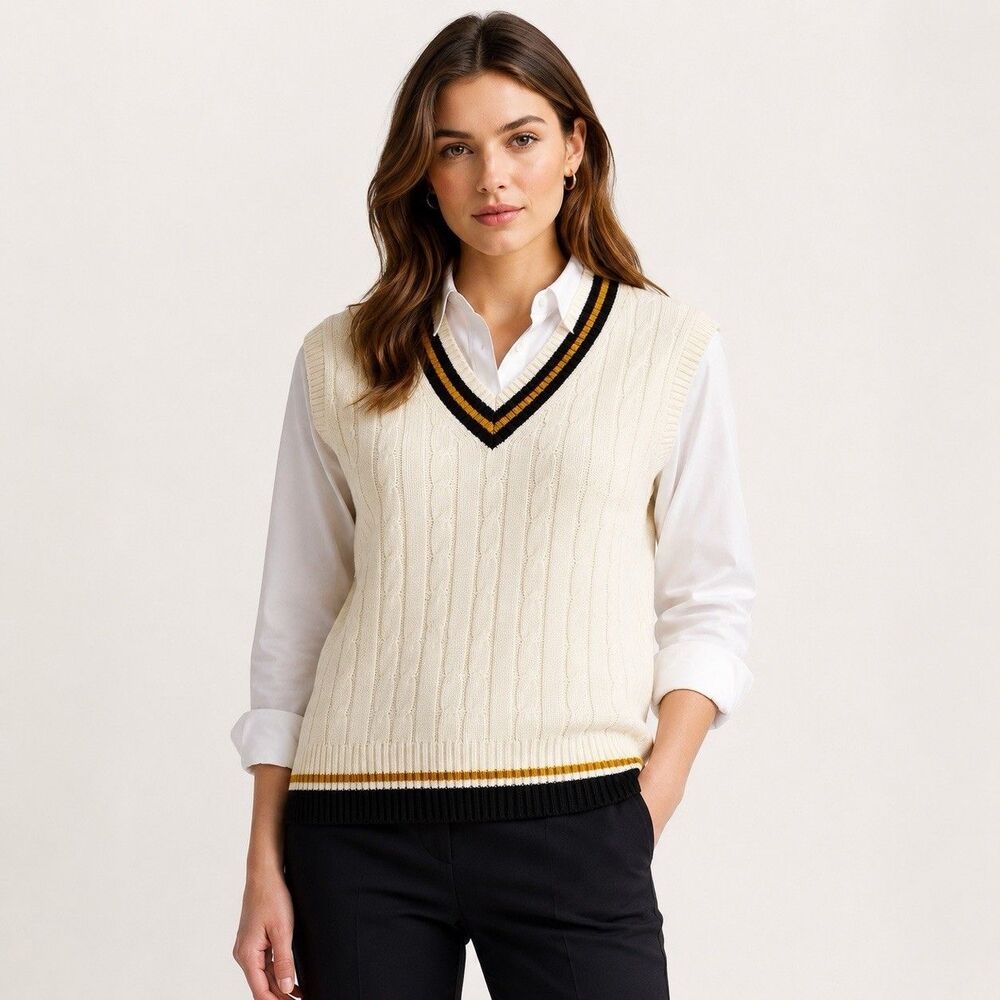 UNIQLO Cable Knit Sweater Vest V Neck Preppy Academia Cotton Off White M